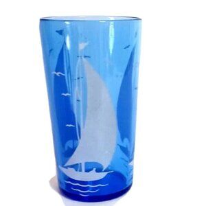 Hazel Atlas Depression Glass Ships Juice Glass Cobalt Blue 1930's White Ships